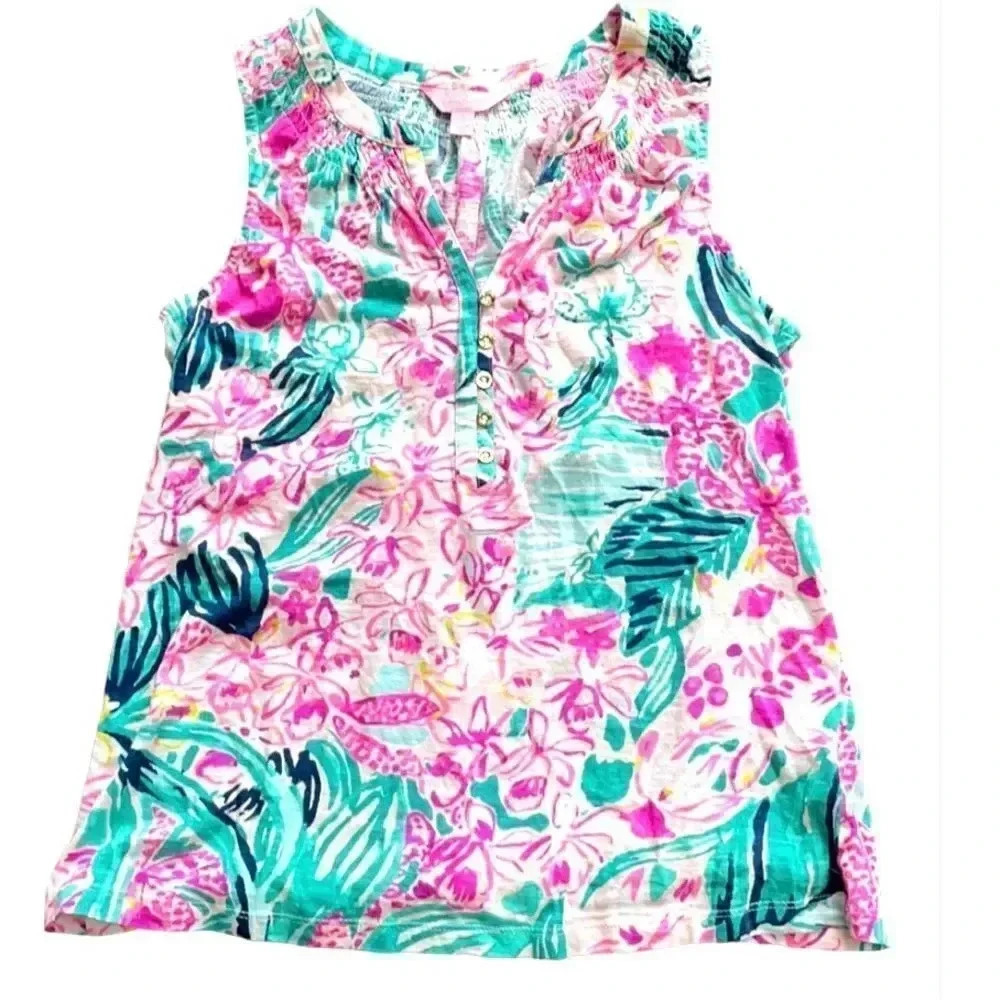 Lilly Pulitzer Via Flora design sleeveless top gold buttons. Pink aqua, size S